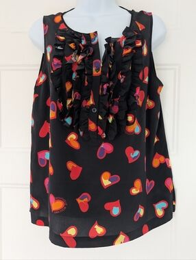 Boutique Moschino Silk Heart Print Ruffle Blouse Size 12 Colorful Graphic Top